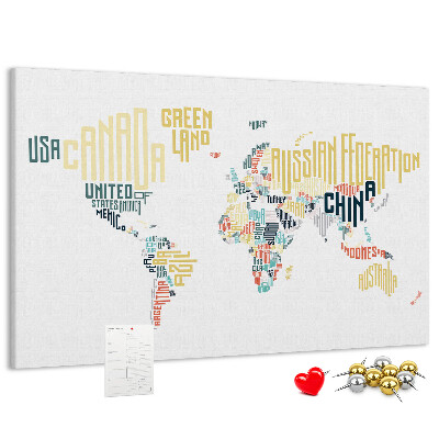 Tablero de anuncios Mapa del mundo con los nombres de los países en palabras.