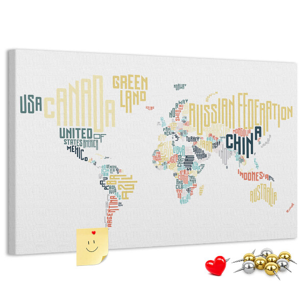 Tablero de anuncios Mapa del mundo con los nombres de los países en palabras.