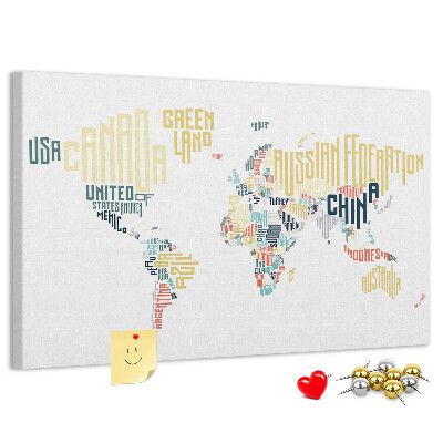 Tablero de anuncios Mapa del mundo con los nombres de los países en palabras.