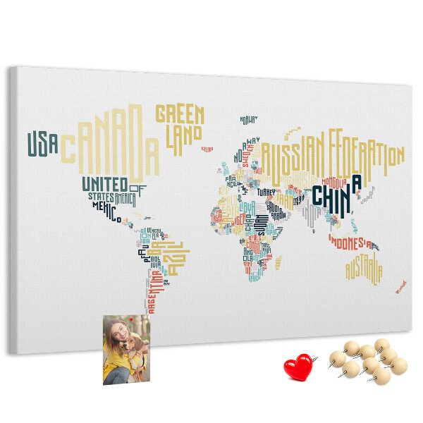 Tablero de anuncios Mapa del mundo con los nombres de los países en palabras.