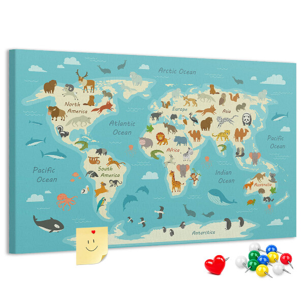 Mapa del mundo con animales salvajes tablero de anuncios