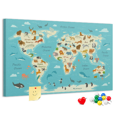 Tablero de anuncios Mapa del mundo con animales salvajes
