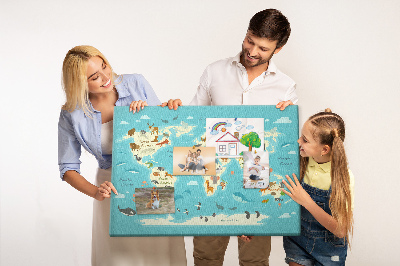 Mapa del mundo con animales salvajes tablero de anuncios