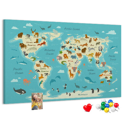 Mapa del mundo con animales salvajes tablero de anuncios