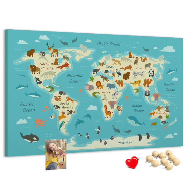 Mapa del mundo con animales salvajes tablero de anuncios