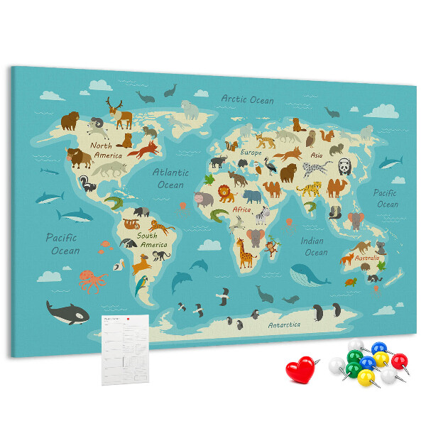 Mapa del mundo con animales salvajes tablero de anuncios