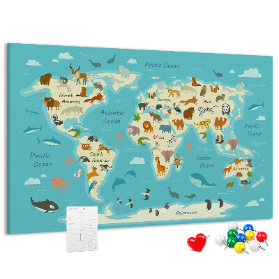 Mapa del mundo con animales salvajes tablero de anuncios