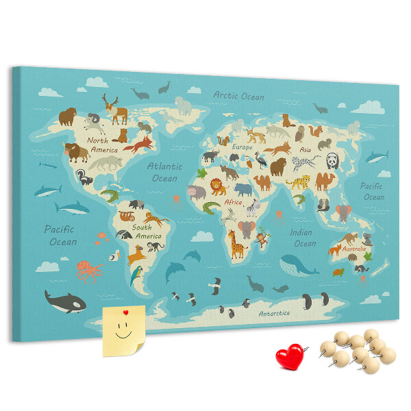 Mapa del mundo con animales salvajes tablero de anuncios