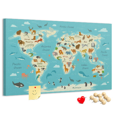 Mapa del mundo con animales salvajes tablero de anuncios