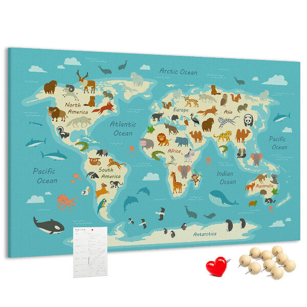 Mapa del mundo con animales salvajes tablero de anuncios