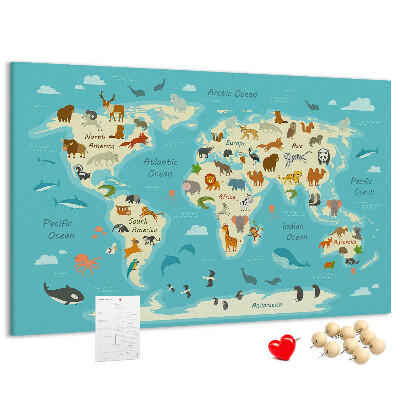 Mapa del mundo con animales salvajes tablero de anuncios