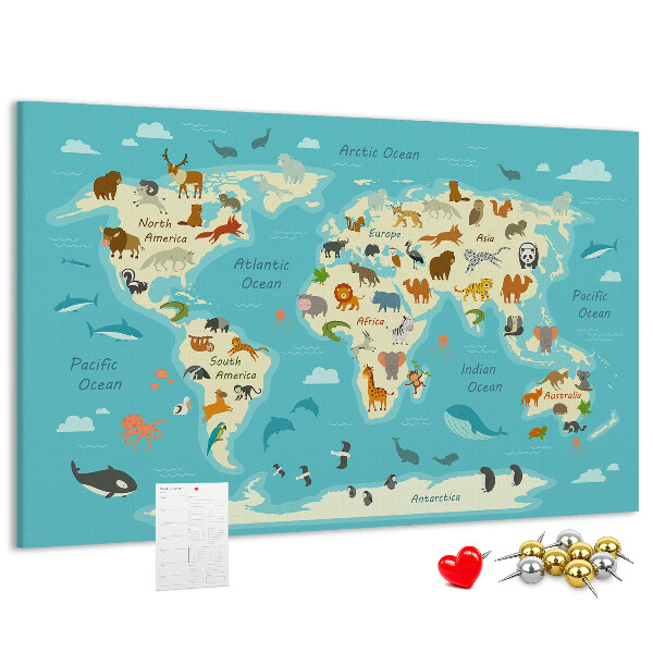 Mapa del mundo con animales salvajes tablero de anuncios