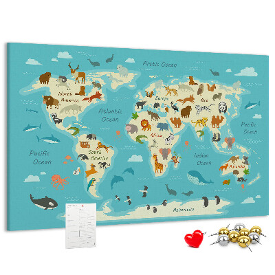 Mapa del mundo con animales salvajes tablero de anuncios