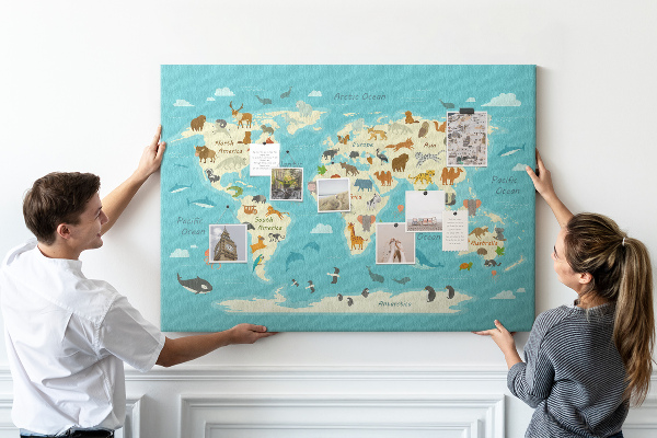 Mapa del mundo con animales salvajes tablero de anuncios