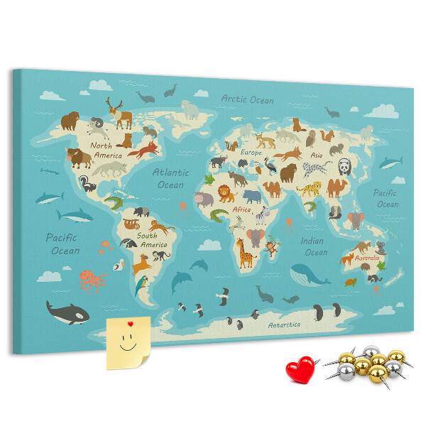 Mapa del mundo con animales salvajes tablero de anuncios