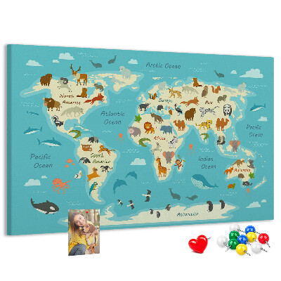 Mapa del mundo con animales salvajes tablero de anuncios