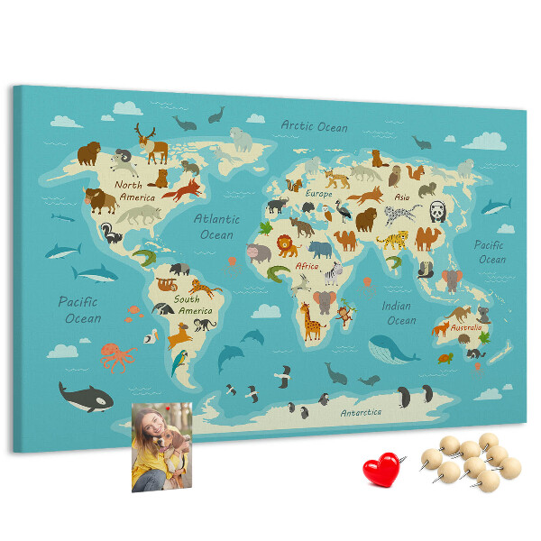 Mapa del mundo con animales salvajes tablero de anuncios