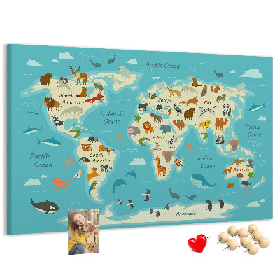 Mapa del mundo con animales salvajes tablero de anuncios