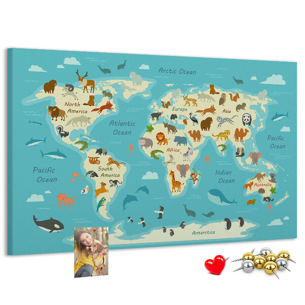 Mapa del mundo con animales salvajes tablero de anuncios