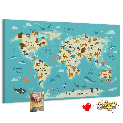 Mapa del mundo con animales salvajes tablero de anuncios