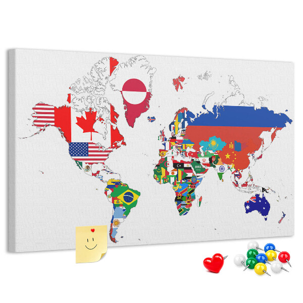 Tablero de corcho decorado Mapa del mundo con banderas de países