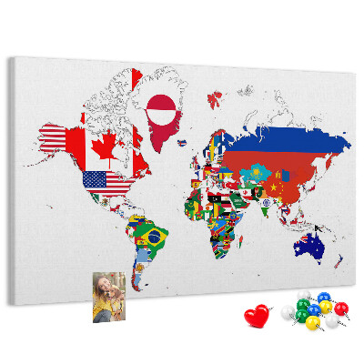 Tablero de corcho decorado Mapa del mundo con banderas de países