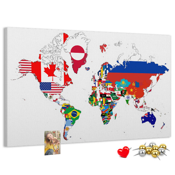 Tablero de corcho decorado Mapa del mundo con banderas de países