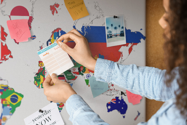 Tablero de corcho decorado Mapa del mundo con banderas de países