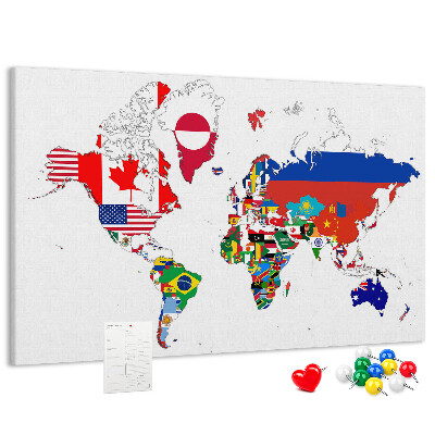 Tablero de corcho decorado Mapa del mundo con banderas de países