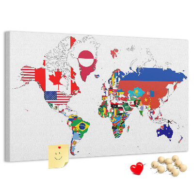 Tablero de corcho decorado Mapa del mundo con banderas de países