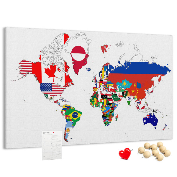 Tablero de corcho decorado Mapa del mundo con banderas de países