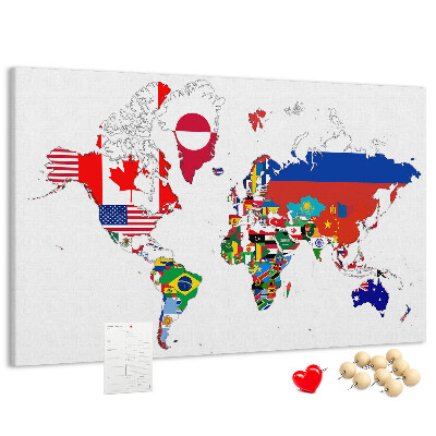 Tablero de corcho decorado Mapa del mundo con banderas de países