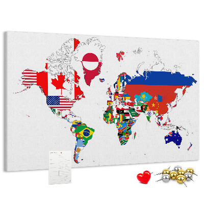 Tablero de corcho decorado Mapa del mundo con banderas de países