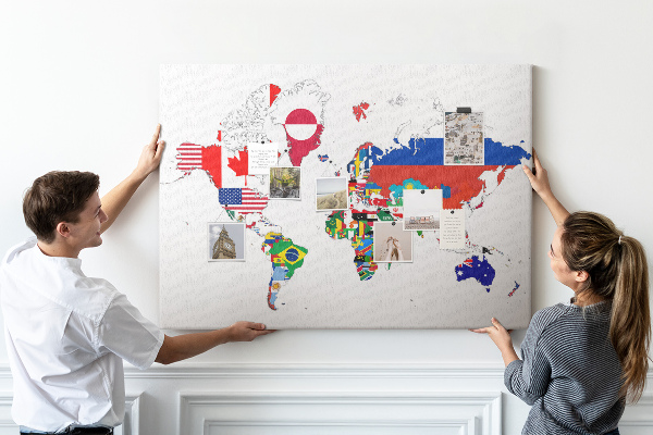 Tablero de corcho decorado Mapa del mundo con banderas de países