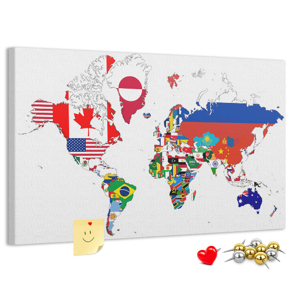 Tablero de corcho decorado Mapa del mundo con banderas de países