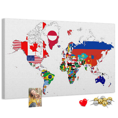 Tablero de corcho decorado Mapa del mundo con banderas de países