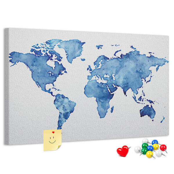 Tablero de corcho decorado con diseño de mapamundi en pintura de acuarela azul