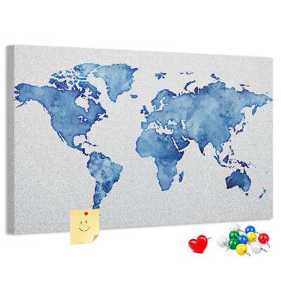 Tablero de corcho decorado Pintura en acuarela azul de un mapamundi
