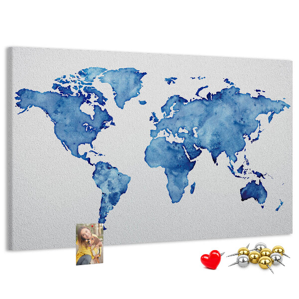 Tablero de corcho decorado con diseño de mapamundi en pintura de acuarela azul