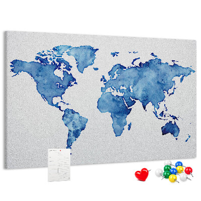 Tablero de corcho decorado con diseño de mapamundi en pintura de acuarela azul