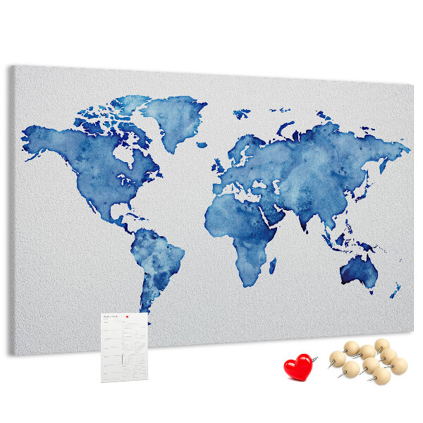 Tablero de corcho decorado con diseño de mapamundi en pintura de acuarela azul