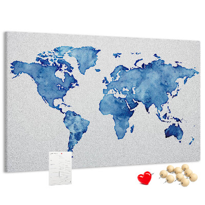 Tablero de corcho decorado con diseño de mapamundi en pintura de acuarela azul