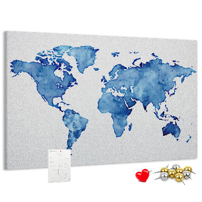Tablero de corcho decorado con diseño de mapamundi en pintura de acuarela azul