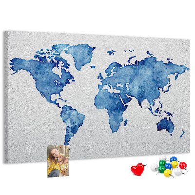 Tablero de corcho decorado con diseño de mapamundi en pintura de acuarela azul