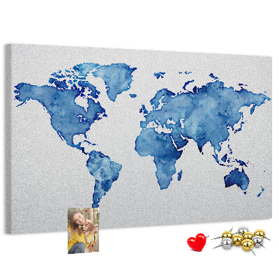 Tablero de corcho decorado con diseño de mapamundi en pintura de acuarela azul
