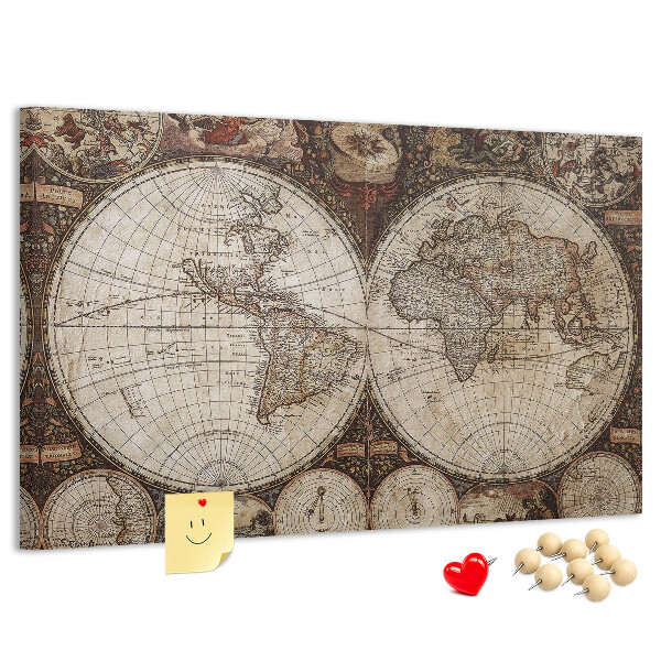 Tablero de corcho decorativo mapa del mundo antiguo con detalles geográficos
