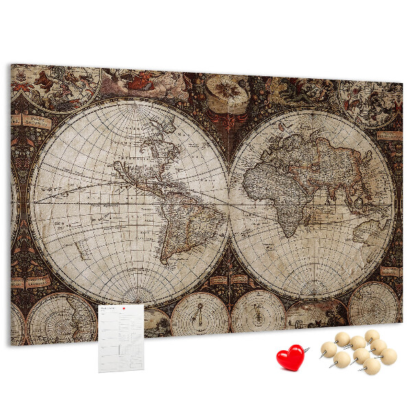 Tablero de corcho decorativo mapa del mundo antiguo con detalles geográficos