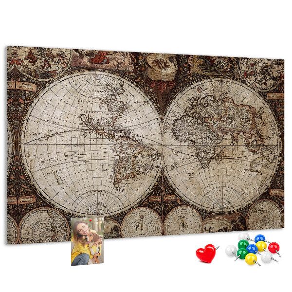 Tablero de corcho decorativo mapa del mundo antiguo con detalles geográficos