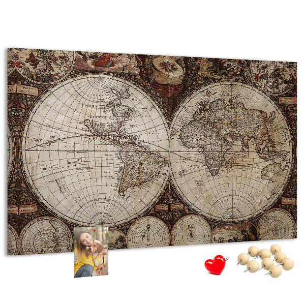 Tablero de corcho decorativo mapa del mundo antiguo con detalles geográficos