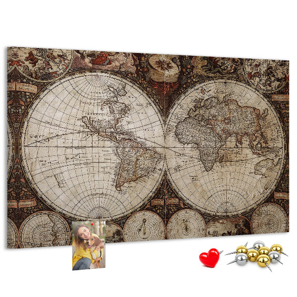 Tablero de corcho decorativo mapa del mundo antiguo con detalles geográficos